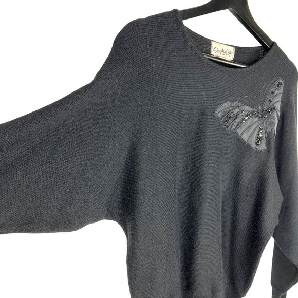 Vintage 90s Black Butterfly Sequin Dolman Sleeve Knit Sweater Medium - Picture 2 of 8